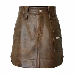 GANNI Genuine Distressed Brown 100% Goat Leather Mini Skirt EU 32 US 0 Grunge